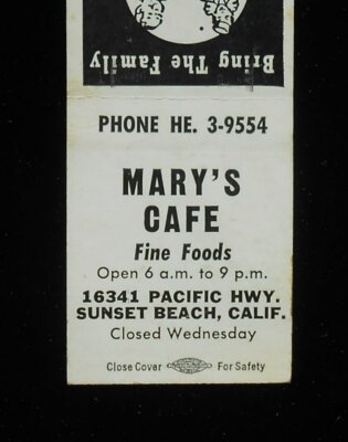 1950s Mary's Cafe Fine Foods 16341 Pacific Hwy. Sunset Beach CA Orange Co MB