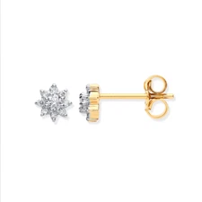9ct Yellow Gold 0.25cts 6mm Natural Diamond Flower Cluster Stud Earrings (0012)