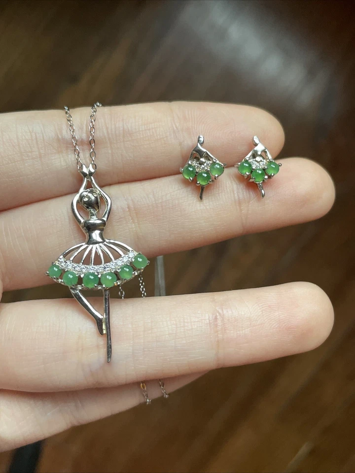 Juego de pendientes y colgantes de plata de ley S925 grado A jadeíta - 芭蕾舞者冰綠一套 Foto 3 de 4