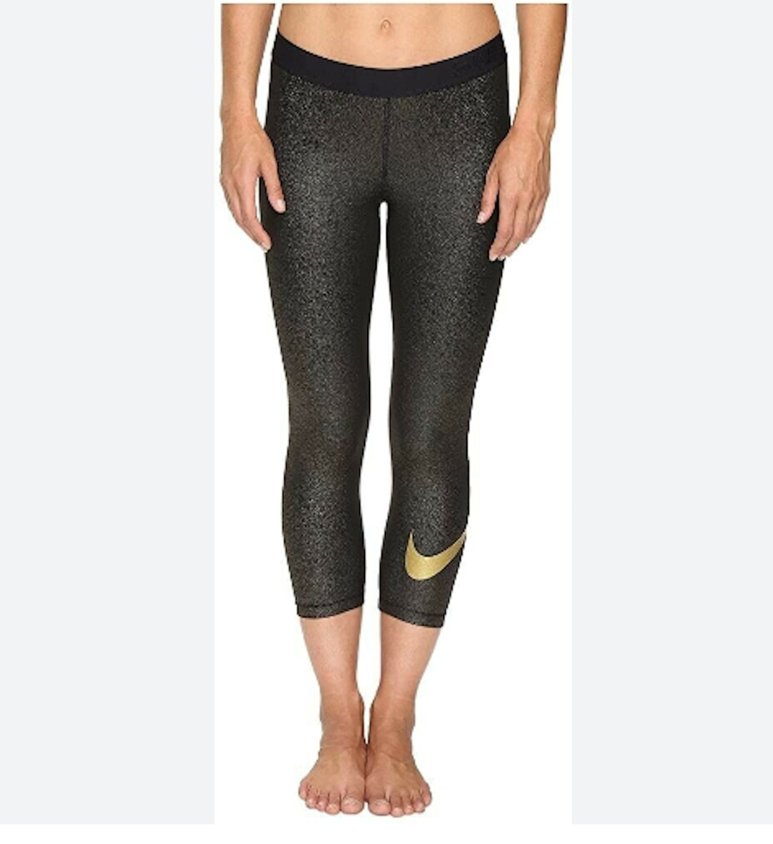 NIKE Pro Sparkle Capri 3/4 Leggings Crop Big Logo Metallic Active XS Women  Gold