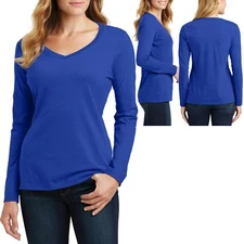 Ladies V-Neck T-Shirt Long Sleeve Womens Top Soft Cotton Tee XS-XL 2XL, 3XL, 4XL