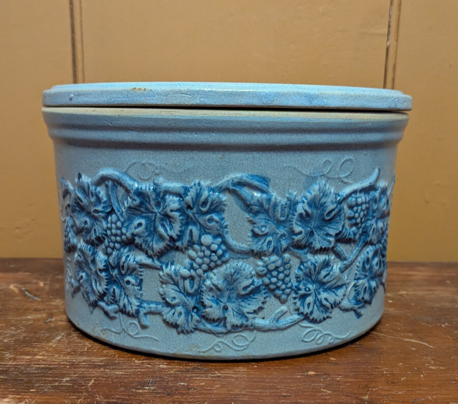 Antique Robinson Clay Products 9.5" Blue Salt Glaze Stoneware Butter Crock Grape