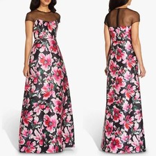 Adrianna Papell Sz 4 Pink Black Illusion Floral Mikado Gown Dress Full Length D2