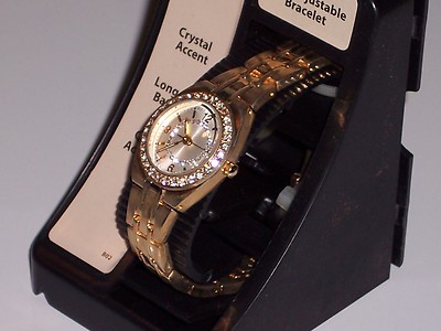 FMD Crystal Bezel Gold-Tone Watch Accent Dial Japan Quartz Arabic