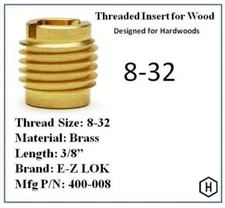 EZ-Lok P/N 400-008, 8-32 Threaded Brass Insert For Wood (10 Pieces)