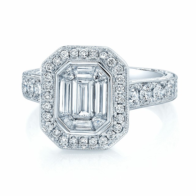 18K White Gold Emerald Cut Diamond Mosaic Ring Octagon Engagement