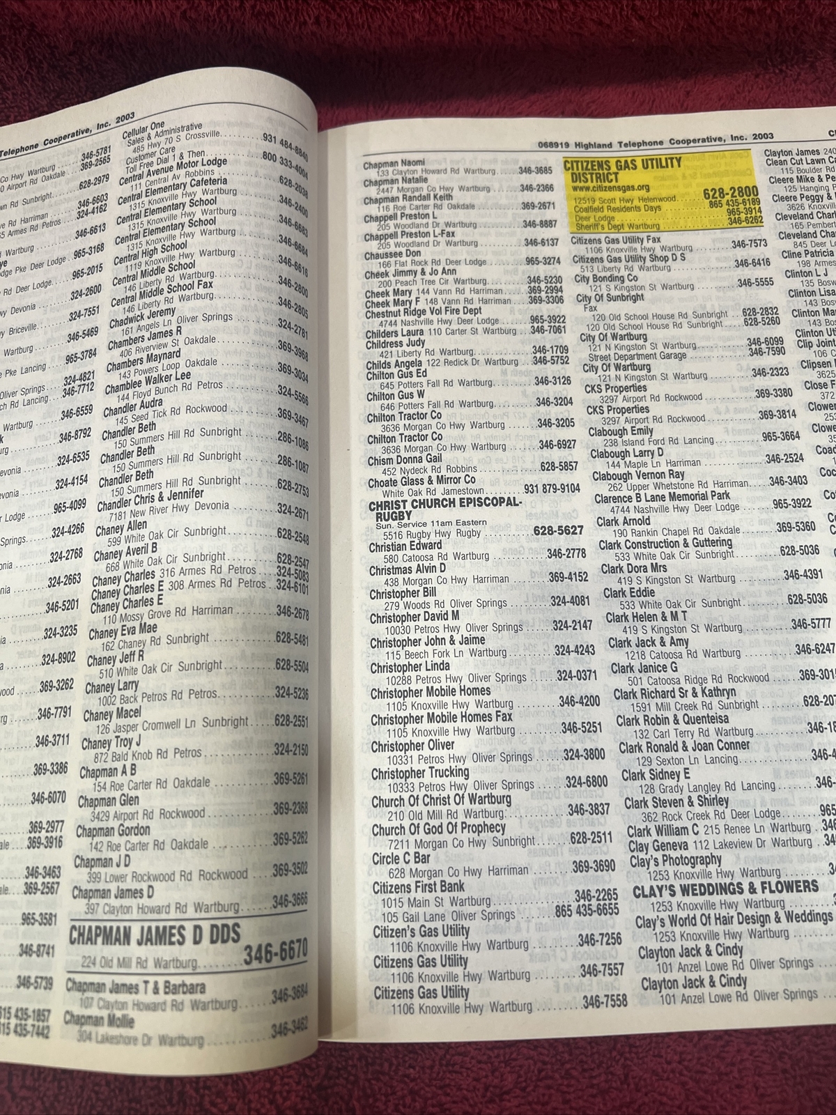 Highland Telephone Cooperative Phone Book Kentucky Tennessee May 2003