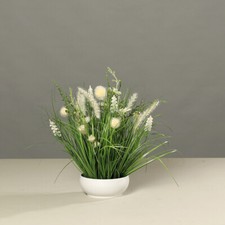 Künstliche Wiesenblumen Creme H40cm in weißer Schale Blumengesteck Kunstblumen