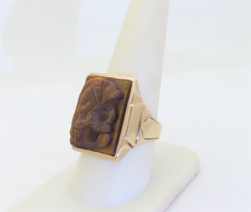 Mens Antique Rings Cameo Jewelry Gold Large Tiger Eye Three Faced 10K US 10 R431 - Picture 6 of 8