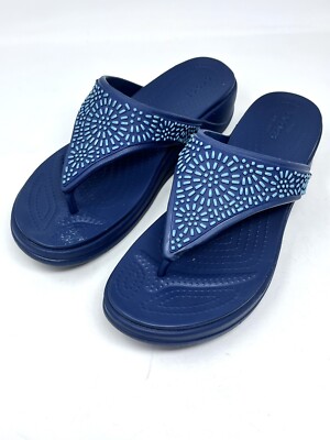 Crocs Monterey Diamante Blue Wedge Flip Shoes Sandals Thong Womens Size 11