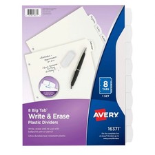 Avery 16371 Big Tab Write Erase Plastic Dividers, 8-Tab, White, 1 Set