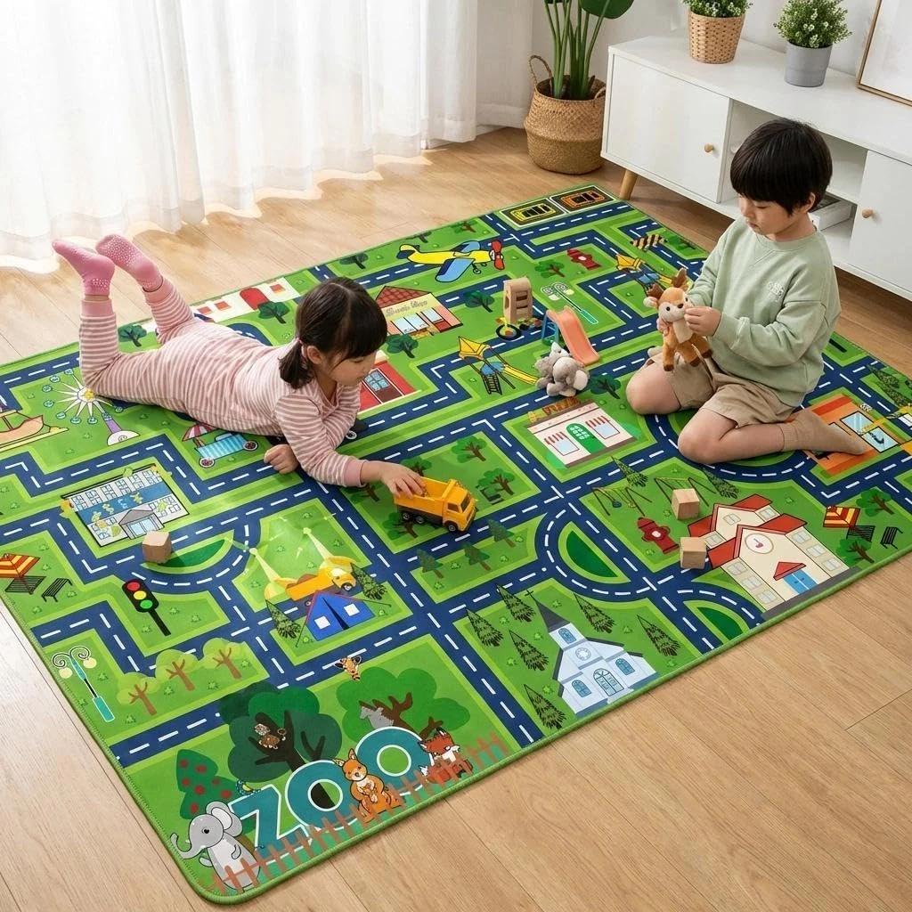 Kids Car Rug Play Mat 2.5X4 Feet City Life Road Traffic Carpet for Bedroom Playr