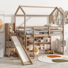 Twin Size Wood House Loft bed w/Slide，Storage shelves and Light，Climbing Ramp，Wo