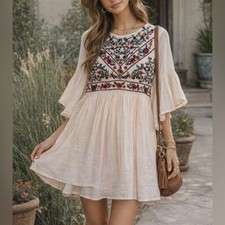 Altar'd State Womens Floral Embroidered Mini Dress Small Cream Boho Hippie Flowy
