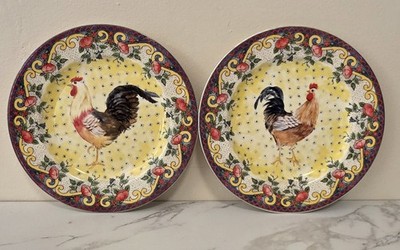 American Atelier Petite Provence Rooster & Floral 8.5'' Salad Plate Set 2 Designs