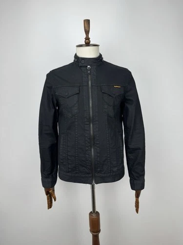 Superdry Copper Black Denim Jacket Mens Size M Black Biker Zip Casual Trucker