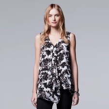 Simply Vera Vera Wang Black Floral Ruffle Top Womens XL Sleeveless Flowy Layered