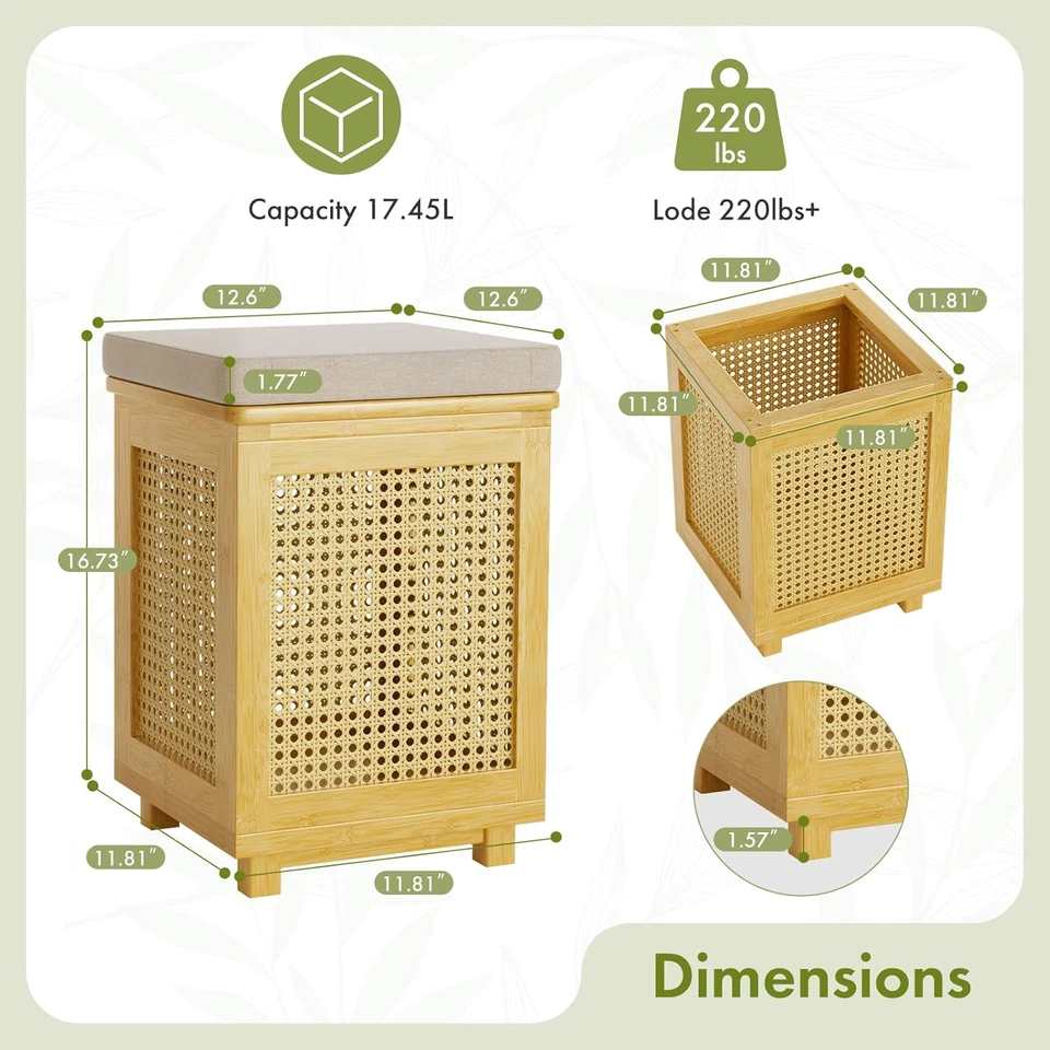 Square Storage Ottoman, Bamboo Rattan Weave Stool with Removable Cushion Top, Sm - Image 2 of 4