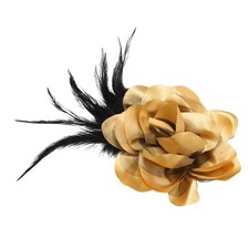 Rose Flower Brooch, 4.3 Inch Satin Fabric Feather Flower Brooch Pin, Gold