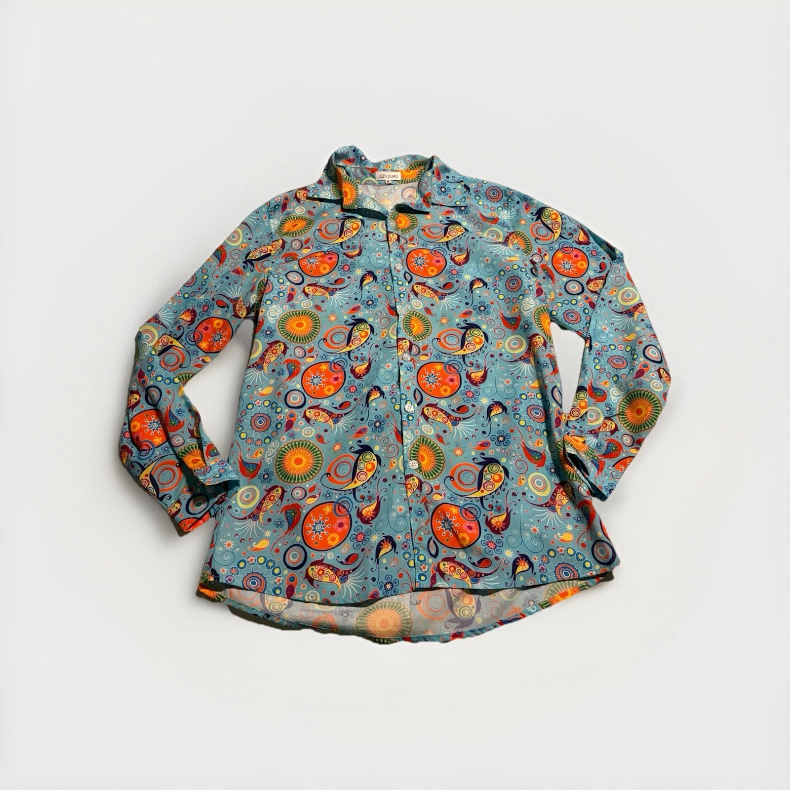 QZH DUAO 70s Disco Groovy Button Down Shirt M Psychedelic Boho Hippie Retro