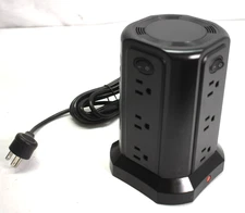 Tower Power Strip Flat Plug Surge Protector 12 Outlets 4 USB A 1 USB C Black