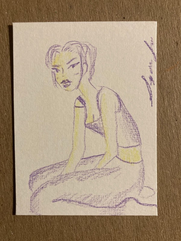 ACEO original art fashion purple pose colored pencil 2.5x3.5 by sydsfineart