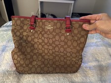 Coach Signature Logo Zip Top Tote Bag Brown/Red w/ Outer Zip Pocket