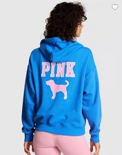 NEW Victoria's Secret PINK Ivy Fleece Full Zip Hoodie Blue Pink Dog XS