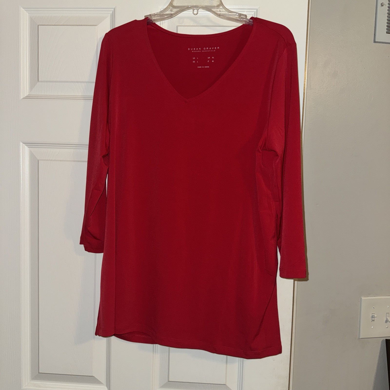 Susan Graver Modern Essentials Red V-Neck 3/4 Sleeve Top