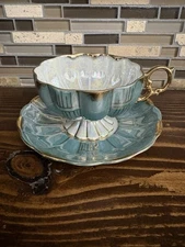 Royal Sealy Aqua Teacup & Saucer, Gold Trim, Footed Cup, Vintage Japan Turquoise