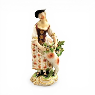 Georgische Ära Derby Porzellan Figur Schäferin mit Lamm um 1756