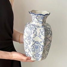 Blue & White Porcelain Vase - Decorative Floral Arrangement Home Decor