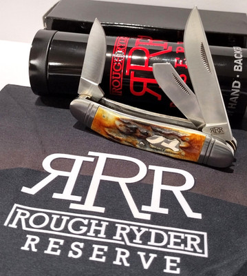 Rough Ryder Reserve Brown Stag Bone D2 Tool Steel 3 Blade Roundup Pocket Knife