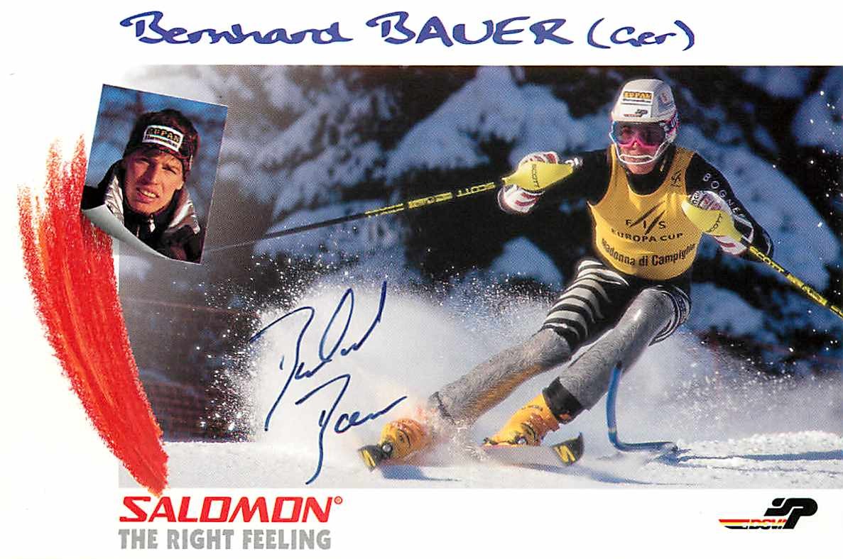 Biglietto autografo Bernhard Bauer sci alpino Coppa Europa Salomon