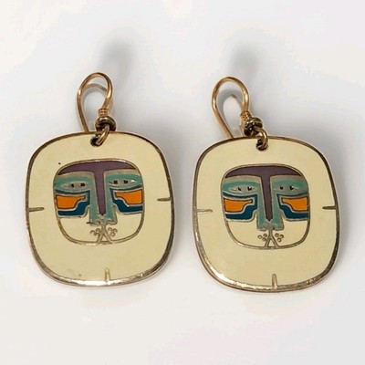 Vintage Designer Laurel Burch Signed MAYAN LION Gold Plated Geometric Pierced...