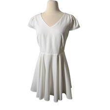Lulus White V-Neck Open Back Puffy Sleeve Skater Dress DL81104-L Womens Medium