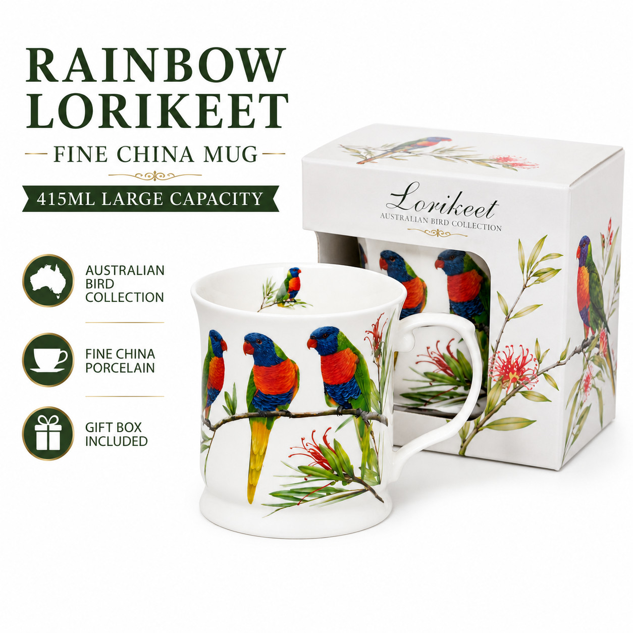 1-6 Pack Rainbow Lorikeet Fine China Mug 415ml Australian Bird Coffee Tea Cup — image 4