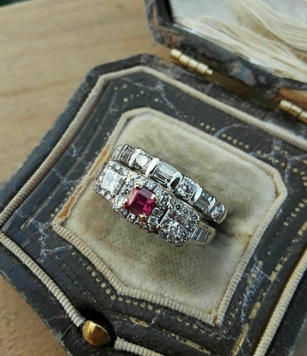 Art Deco 2.00 CT Ruby Lab Created Halo Bridal Set Ring 14K White Gold Finish - Picture 8 of 10