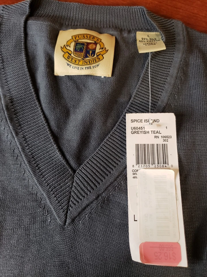 Pussers West Indies Mens Large Sweater Long Sleeve Vneck  Grayish Teal L NWT - Imagem 3 de 3