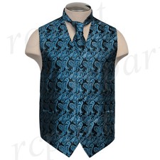 New formal men's Paisley Vest Tuxedo Waistcoat Necktie teal blue wedding prom