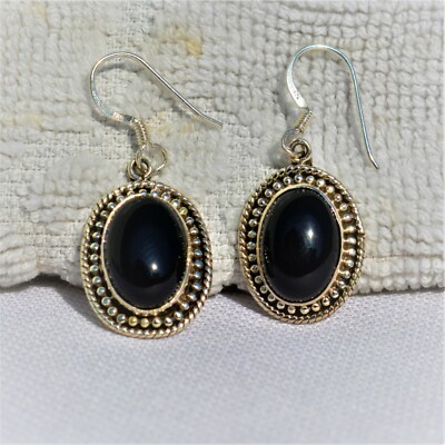 BLACK ONYX NATURAL GEMSTONE 925 STERLING SILVER HANDMADE JEWELRY EARRING 1.4''