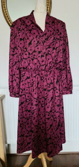 Vintage 1980&#039;s Dress Purpleblack Floral Size 12-14 long sleeves midi 80s vtg
