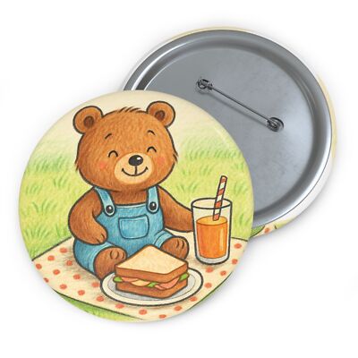 Custom Pin Button Badge Adorable Cute Bear Picnic Scene Animal Art