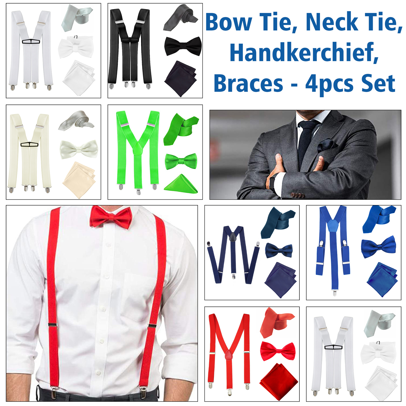 Hombre Corbata Tirantes Ajustables Con Pañuelo y Lazo Corbata