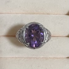 Designer 3 Carat Amethyst Sterling Silver Filigree Ring Size 6 Signed RJ