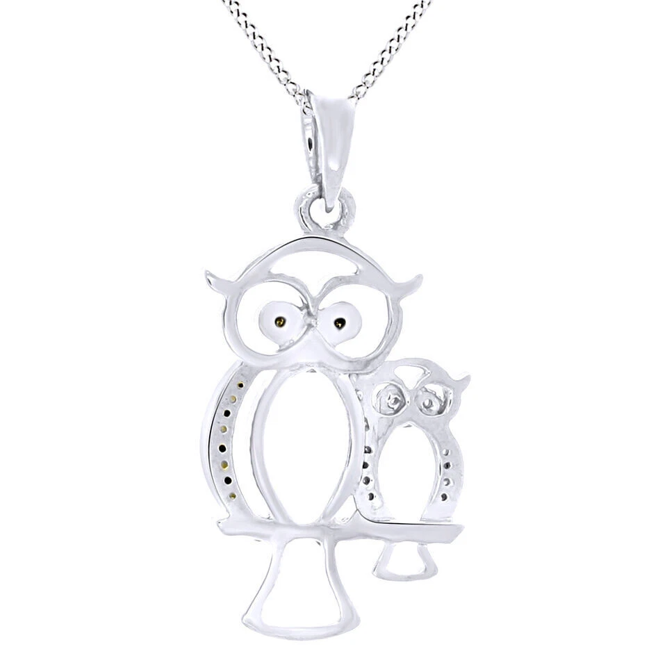 Collar Colgante Búho Amarillo y Blanco Diamante Real Chapado en Oro Blanco 14K Esterlina Foto 2 de 4