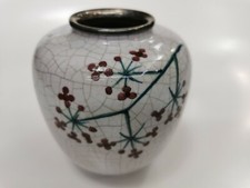 Old Vintage Karlsruhe Majolica Crackle Silver Rim Vase Hand Painted Glazed 50's