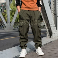 Men Fleece Lined Baggy Cargo Pants Hip Hop Loose Thick Wide Leg Trousers Retro