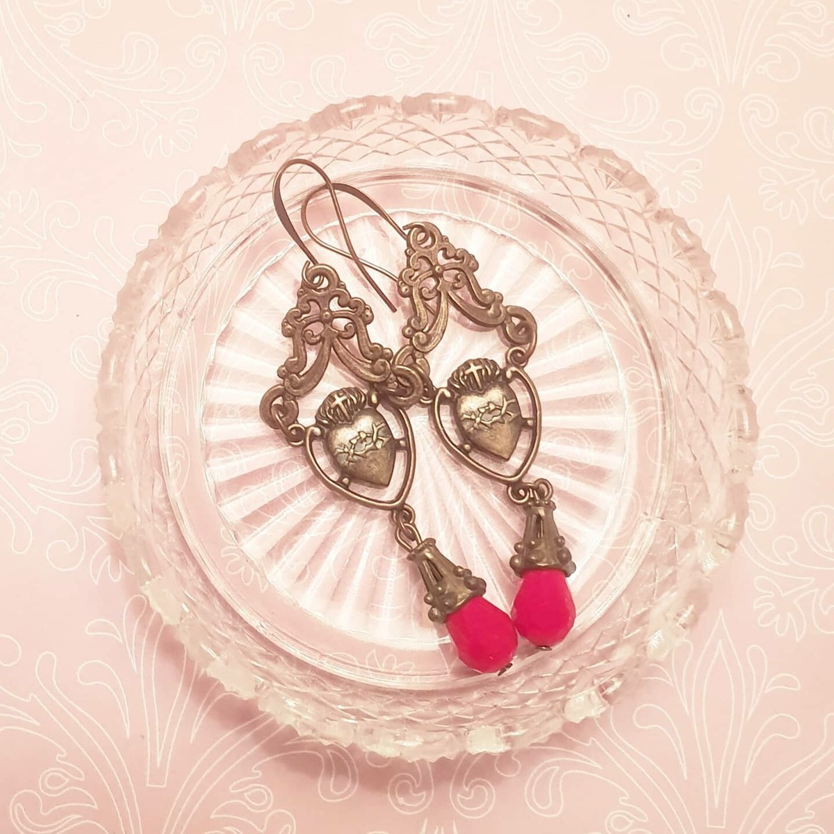 Opaque Red Glass Bronze Sacred Heart Earrings, Milagro Tattoo