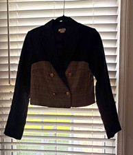 Jason Wu Women  s XS Cropped Plaid Blazer Jacket Black Brown Gold Tone Buttons